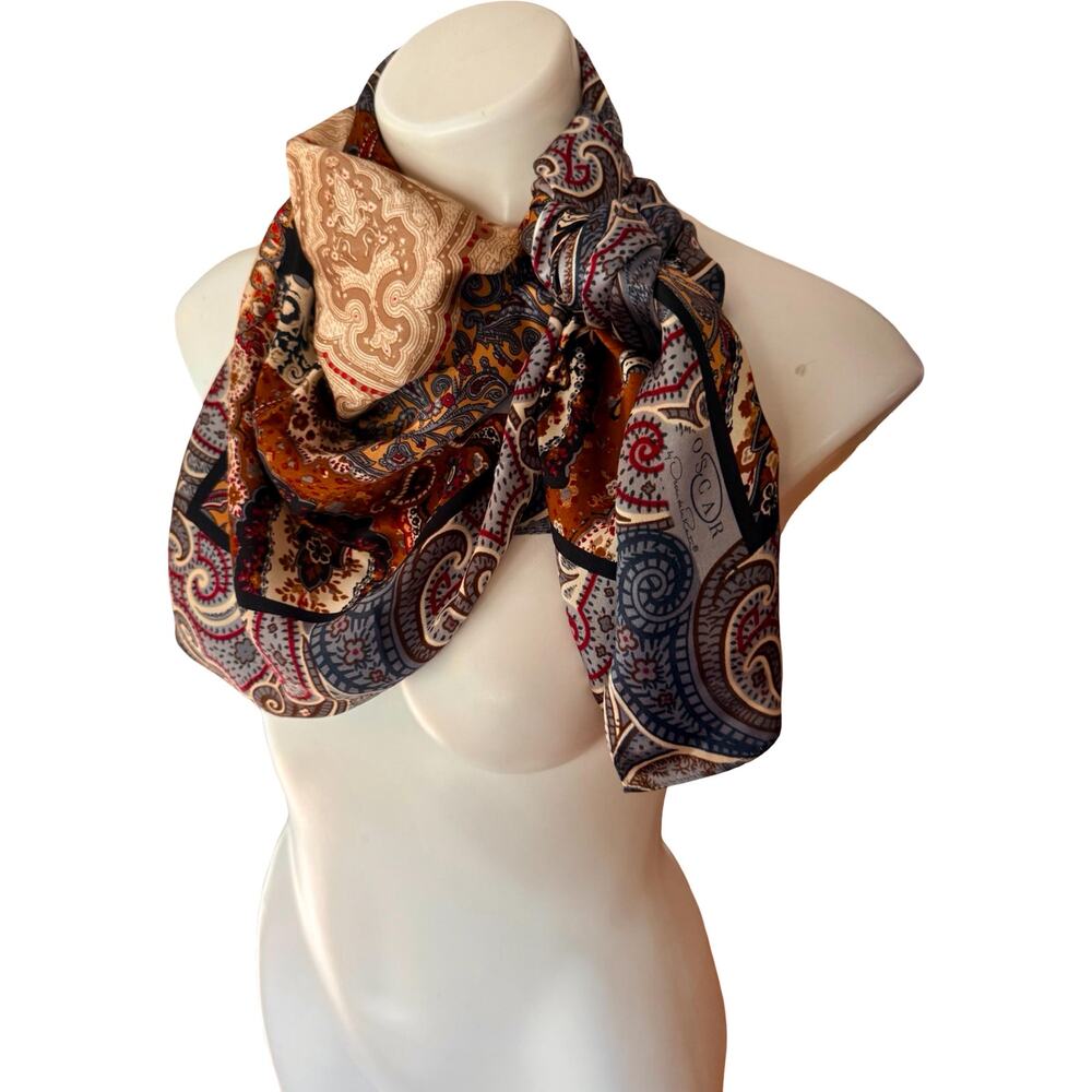 Vintage Oscar de la Renta Silk Paisley Patchwork Scarf 1980s NWT Brown Rust 34 - Picture 4 of 9